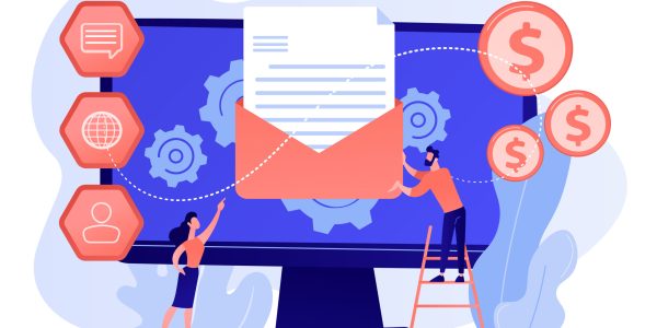 Cusromer receiving automated marketing message, tiny people. Marketing automation system, automated advertise message, marketing dashboard concept. Pink coral blue vector isolated illustration